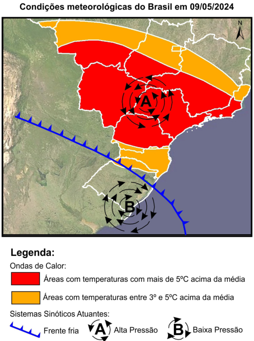 Condições meteorológicas do Brasil em 09/05/2024 e legenda